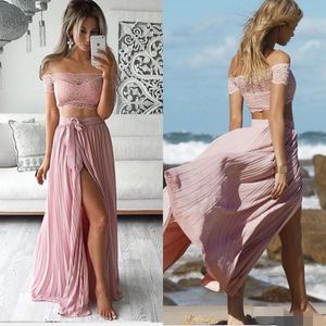 Dusty Pink Charming Two Piece Evening Dresses Ruched Lace Off the Shoulder Front High Slit Prom Party Dress Formal Ocn Wear