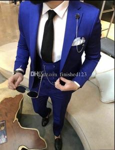 Popular um botão azul noivo do casamento smoking tuxedos lapela groomsmen homens formalrom ternos (jaqueta + calça + colete + gravata) w209