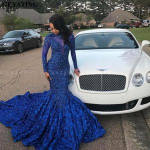 Luxury 3D Flower Mermaid Royal Blue African Prom Dress Long Sleeves Chapel Train Beaded Crystal Plus Size Graduation Party Dress2965