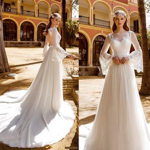 2020 Boho Wedding Dresses Jewel Long Sleeve Lace Appliqued Chiffon Bridal Gown Tulle Backless Sweep Train Custom Made Beach Robes De Mariée