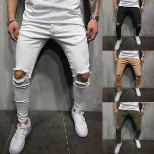 2019 Pantaloni skinny a vita media con foro tinta unita da uomo più venduti Pantaloni casual da uomo lunghi elastici con fori al ginocchio