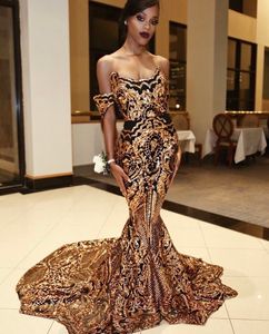 Sparkly svart och guld kväll klänningar sjöjungfru prom klänningar för svarta tjejer plus storlek applikationer älskling elegant kaftan afrikanska prom klänningar