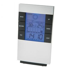 Elektronisches Temperatur- und Luftfeuchtigkeitsmessgerät für den Haushalt mit hintergrundbeleuchteter Wettervorhersage-Stempeluhr
