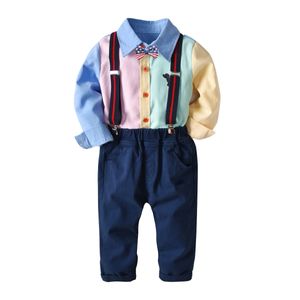 Drop-shipping Jungen Kleidung Set Kinder Plaid Gestreiften Hemd mit Fliege und Hosenträger Hosen 2-Stück Outfit Kinder kleidung