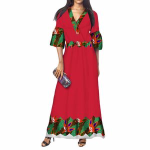 Fashion Bazin Riche V-neck Dress Vestido 100% Cotton African Wax Print Dresses for Women Plus Size African Design Clothing WY267