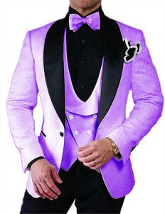 Purple Embossing Groom Tuxedos Black Lapel Groomsman Wedding 3 Piece Suit Popular Men Business Prom Jacket Blazer(Jacket+Pants+Tie+Vest) 19