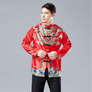 伝統的な男の中国のスタイルのドラゴンガウントップシャツ男性赤い黒黄唐スーツビンテージ服ジャケットの海外中国語