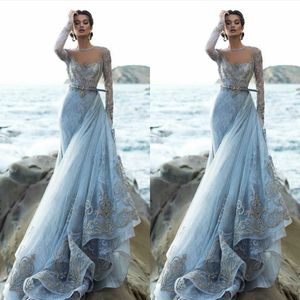 Hellblaue Vintage-Abendkleider, transparent, mit Juwelenausschnitt, Spitzenapplikationen, lange Ärmel, formelle Abendkleider, arabisches Partykleid