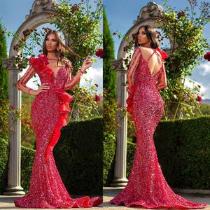 2020 Dubai Arabiska Mermaid Prom Klänningar Sparkly Sequins Sheer Long Sleeve Aftonklänning Baklösa Röda Matta Fashions Klänningar