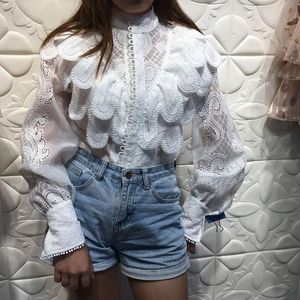 2020 New Arrivals High Quality Designer Blouse Female Embroidery Ruffle Long Lantern Sleeve White Runway Tops Women Spring Shirt