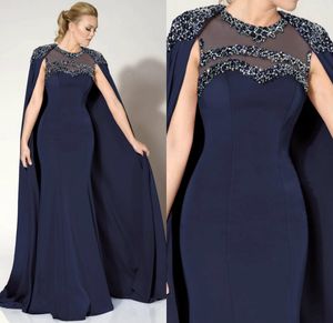 Mörka Navy Aftonklänningar med WRAP Pärlor Sequins Jewel Neck Satin Sweep Train Mermaid Prom Lugnar Custom Made Mor of the Bride Dress