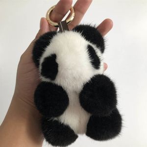 13cm/5" Cute Real Genuine Fur Panda Bear Kid Doll Toy Pompom Ball Bag Charm Key Chain Keyring Accessories Phone Purse Handbag