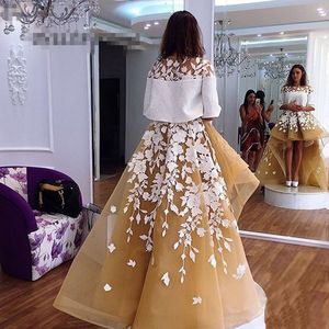 Aso Ebi 2020 Arabic Gold Lace Sexy Evening Dresses Two Pieces Prom Dresses Hi-Lo Formal Party Second Reception Gowns ZJ228