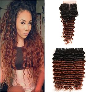 Mörk Auburn Ombre Deep Wave Peruvian Human Hair Weave Bundlar med stängning # 1b / 33 Koppar Röd Human Hair Lace Closure 4x4 med buntar