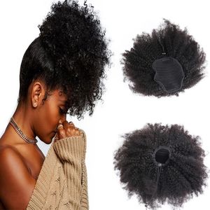 Afro Kinky Curly Human Hair Ponytail Natural black color Brazilian Hair Extensions Slik Straight Clip on Ponytail 100g