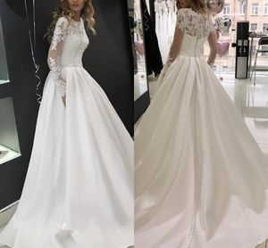 A-LINE 2020 Koronki Suknie Ślubne Klejnot Iluzja Długie Rękawy Zipper Vestidos De Novia See Choć Back Bridal Sukienka Suknie ślubne