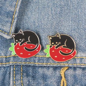 Greedy cat enamel Pin Black animal Brooch Kitten licking on strawberry Badge Jewelry Satisfied expression Dont move anymore