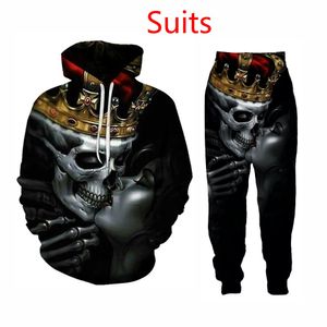 Calças Rei do crânio Moda 3D New Hot e Rainha + Hoodies Homens Mulheres mola solta Sweatpants Pantalon Homme ternos esportivos Hop Casual Hip