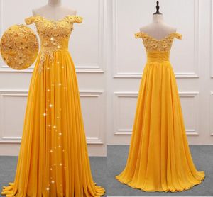 Hand Made Flowers Embroidered Yellow Prom Dresses Off Shoulder Crystal Pleats Chiffon vestido de novia Dresses Evening Wear Party Formal