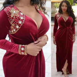 Fashion African Velvet Plus Size Evening Dresses Dark Red Deep V Neck Front Split Long Sleeves Prom Beaded Sheath Arabic Party Gowns 2019