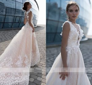 Luksusowe cekiny Tulle Suknie ślubne Odpinany Turt Train 3D Kwiaty Perły Koronki Klejnot Hollow Berta Suknia ślubna Szata De Mariée