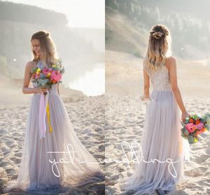 Halter Sexy Silber Tüll Pailletten Brautjungfer Kleider Sweep Zug Ärmellose Strand Hochzeit Gast Party Kleid Nach Maß