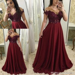 Elegancki Burgundia Linia Suknie wieczorowe Sheer Neck Krótki Rękaw Koronki Aplikacje Party Suknie Długa Szyfonowa Dress Evening Wear Vestido de Novia