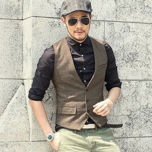 Gilet in tweed di lana marrone a spina di pesce Gilet da uomo slim Gilet da uomo senza maniche su misura Giacca da uomo Gilet da sposa MA-00