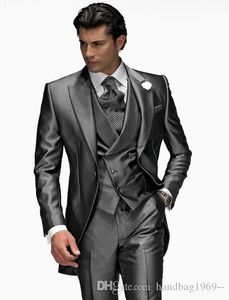 Latest Design One Button Shiny Gray Groom Tuxedos Peak Lapel Groomsmen Mens Wedding Party Suits 3 Pieces Blazer (Jacket+Pants+Vest+Tie) K34