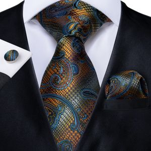 Fast Shipping Silk Tie Set Gold Blue Striped Men's Wholesale Classic Jacquard Woven Necktie Pocket Square Cufflinks Wedding Business N-7183