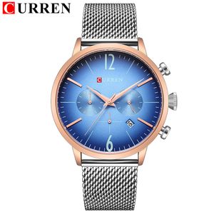 Curren Fashioncasual Chronograph Sport Mens Quartz Watches Mesh Steel Band Bilek İzin Tarih Saat Relogio Masculino305s