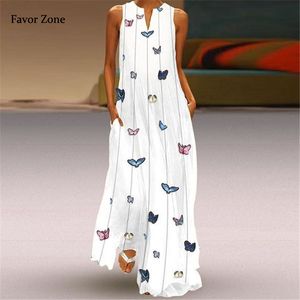 Bohemian Summer Butterfly Print Long Dress Women Casual Loose Sleeveless Pocket Boho Style Maxi Beach Dress Plus Size Sundress