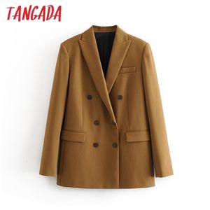 Tangada Kobiety Brązowe Solidna Podwójna Kurtka Kurtka Designer Biuro Panie Blazer Kieszenie robocze Wear Tops 3H42 LY191123