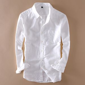 Elegant Mens Long Sleeve Linen Shirt Slim Fit Turn-down Collar Soft Loose Thin Clothes Classic White Shirts Beach Clothing