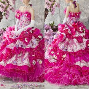 Stella De Libero Fuchsia Prom Dresses Strapless Ball Gown Sweep Train Lace Applique Alice Evening Dress Designer Princess Formal Gowns