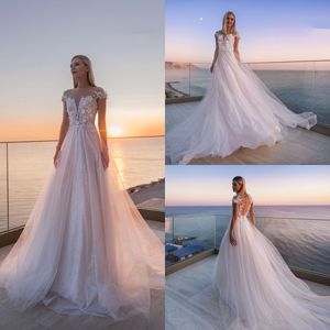 A Line Beach Wedding Dresses Jewel Neck Short Sleeve Covered Button Appliques Sequined Wedding Dress Court Train Boho Bridal Gowns