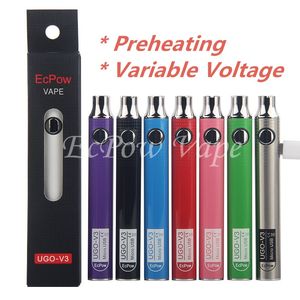 2PCS Ecpow UGO V3 V II 510 Thread Batteria Tensione variabile Micro USB ricaricabile EGO Vape Pen 650 900 mAh Evod VV Preriscaldamento PassthroughCharger