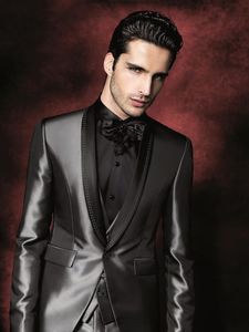 Fashion Shinny Grey Groom Tuxedos Shawl Lapel Groomsmen Mens Wedding Dress Excellent Man Jacket Blazer 3Piece Suit(Jacket+Pants+Vest+Tie)815