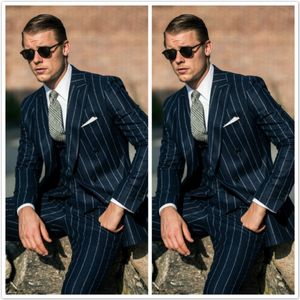 Letnia Granatowa Blue Stripe Groom Garnitury Ślubne Groom Slim Fit Dwa Przycisk Formalny Prom Office Blaazer Jacket (Kurtka + kamizelki + spodnie)