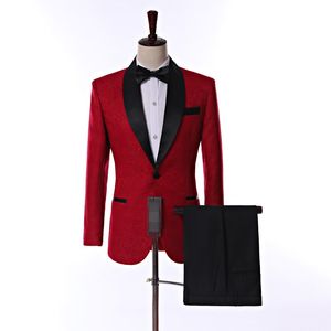 Gerçek Resim Yan Havalandırma Bir Düğme Kırmızı Paisley Damat Smokin Şal Yaka Groomsmen Düğün Erkekler Parti Takım Elbise (Ceket + Pantolon + Kravat) W4