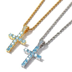 Hip New Fashion Hop Gold rostfritt stål Sapphire Diamond Cross Pendant Halsbandkedja Personliga rapparsmycken gåvor för män och kvinnor