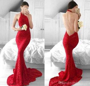 2019 Mermaid Backless Aftonklänning Röd Halter Neck Lace Pagant Formell Holiday Wear Prom Party Gown Custom Gjorda Plus Storlek