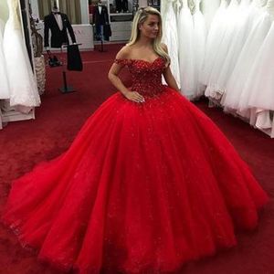 Dark Vermelho Sexy Quinceanera Bola Vestidos Desligado Ombro Tule Frisado Cristal Doce 16 Ferro de Varredura Puffy Plus Size Party Prom Noite Vestidos