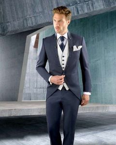 Ny stil Dark Navy Men Prom Business Passar Slim Passar Groom Tuxedos Blazer Coats Byxor Waistcoat Sets (Jacka + Byxor + Vest + Tie) W406