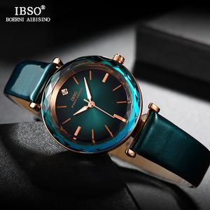 IBSO Märke Luxury Women Crystal Klockor Fashion Cut Glass Design Armbandsur för Kvinna Läder Quartz Watch Montre Femme