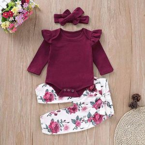 Kleinkind Baby Mädchen SET 3PCS Winter Lange Ärmel Solide Strampler Tops + Blumen Hosen + Stirnbänder neugeborene kleidung unisex infant kleidung