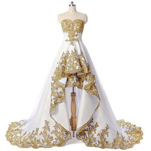 Laço de ouro mangas altamente baixo Ruch personalizado vestidos de casamento nupcial frente curto e longo traseiro wed vestido qua vestido de mariee frete grátis