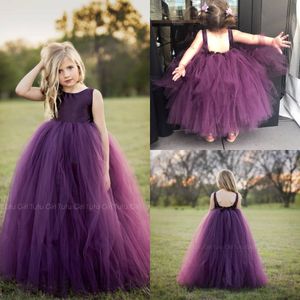 Aubergine Violet Tutu Tulle Robes De Fille De Fleur Satin Corsage Fluffy Tulle Jupe Bijou Cou Dos Nu Première Sainte Communion Princesse Robe De Bal