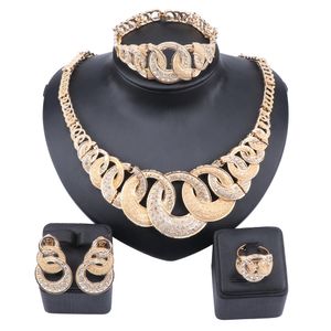 Nigeria Dubai Gold Colorful Crystal Jewelry Sets African Bridal Wedding Costume Gifts Party Bracelet Necklace Earrings Ring Set