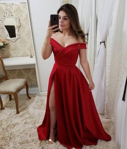 Vestidos De Gala Sexy Red V Neck Side Slit Evening Dresses Long Elegant Off the Shoulder A Line New Prom Gowns